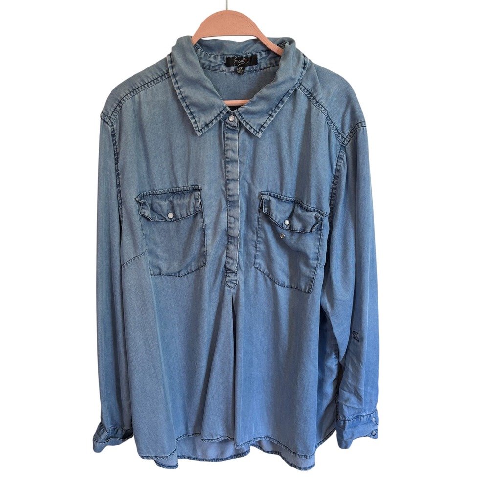 Earl Jean Denim Shirt Womens 3X Tencel Pearl Snap Front Roll Tab Sleeve Chambray